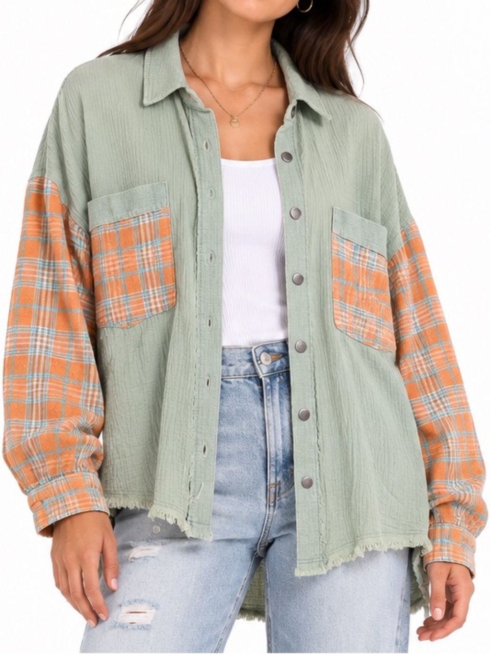 POL Oversized Plaid Patchwork Cotton Gauze Button Down Shirt Size M